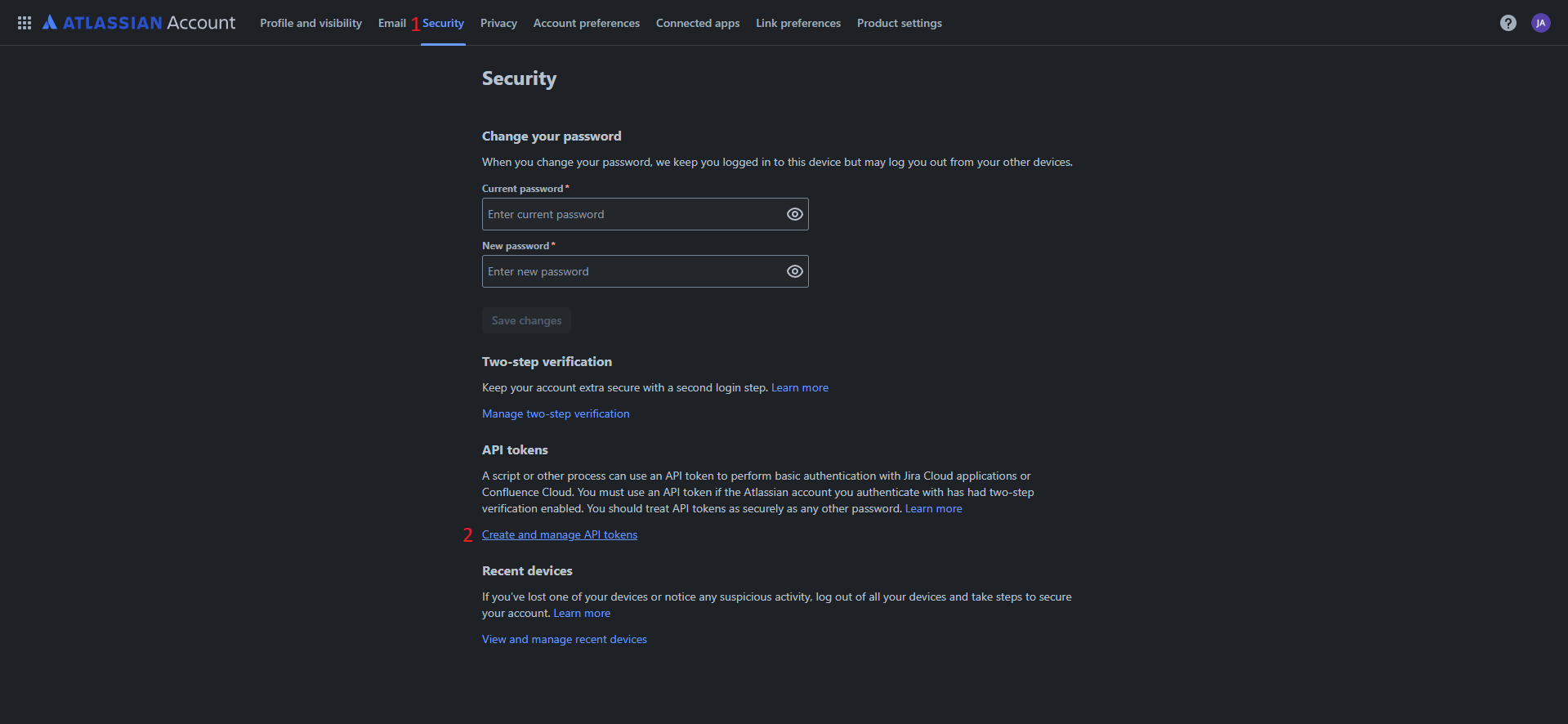 Security, Create and manage API tokens