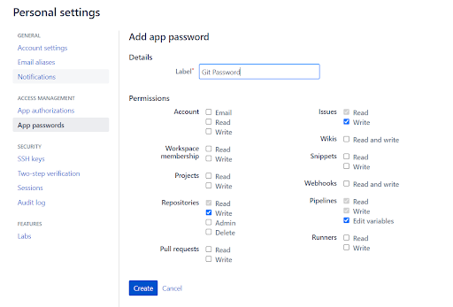 Bitbucket App Password Settings