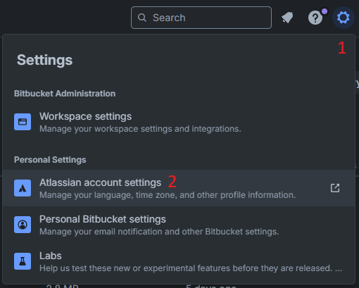 Bitbucket settings icon, Atlassian account settings